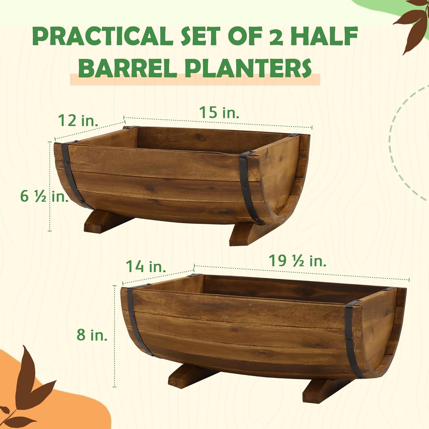 IDZO Solid Acacia Wood Half Barrel Planters Outdoor Set of 2 Different Sizes, Wooden Planters for Outdoor Plants with Metal Bands & Drainage Holes, Legs Included, Brown-VerdiqueGarden