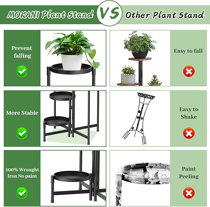 MOKANI Metal Plant Stand Indoor Outdoor for Multiple Plants, 5 Tiered Folding Corner Shelf Tall Flower Pot Holder Display Rack for Patio Living Room Balcony Garden, Black-VerdiqueGarden