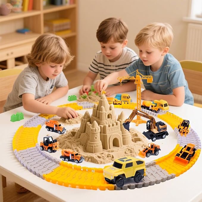 Sand Construction Kit, 2.2lbs Play Sand with Sandbox, 1 Toy Mat 8 Alloy Construction Trucks Race Tracks 10 Sand Molds Sensory Bin Toys for Toddlers Boys Girls Ages 3-8-VerdiqueGarden