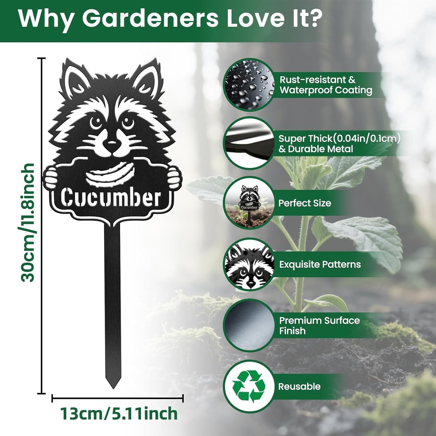 CUTHOLLOW Metal Plant Marker Stake Cucumber and Raccoon for Outdoor Indoor, Waterproof 11.8 inch Cute Garden Plant Labels Sign Tag for Vegetables, Farmhouse Greenhouse Decor - Funny Gardening Gifts-VerdiqueGarden