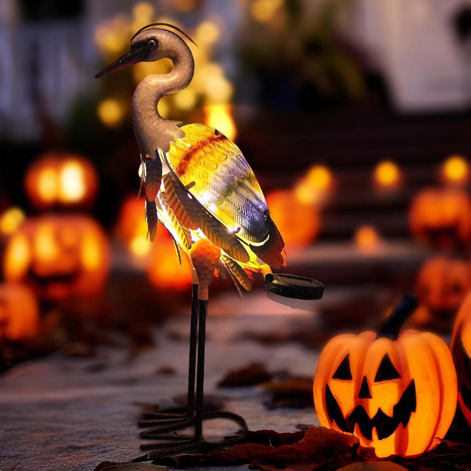 HONGLAND Solar Heron Metal Crane Statue Garden Heron Sculpture, Glass Outdoor Crane Yard Art Coastal Ocean Bird Decor 24 Inch Lawn Ornament for Backyard Porch Patio Decor（Purple）-VerdiqueGarden