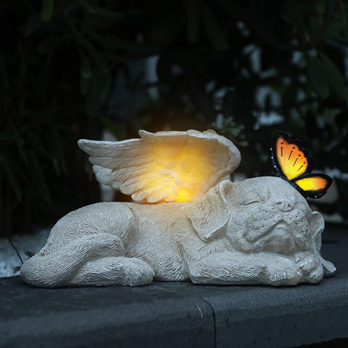 WONDER GARDEN Sleeping Dog Angel Statue with Solar Light - Pet Memorial Stone, in Memory of Dog, Marker Tribute Statues, Resin Guardian Angels, Bereavement Gift-VerdiqueGarden