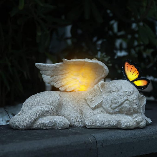 WONDER GARDEN Sleeping Dog Angel Statue with Solar Light - Pet Memorial Stone, in Memory of Dog, Marker Tribute Statues, Resin Guardian Angels, Bereavement Gift-VerdiqueGarden