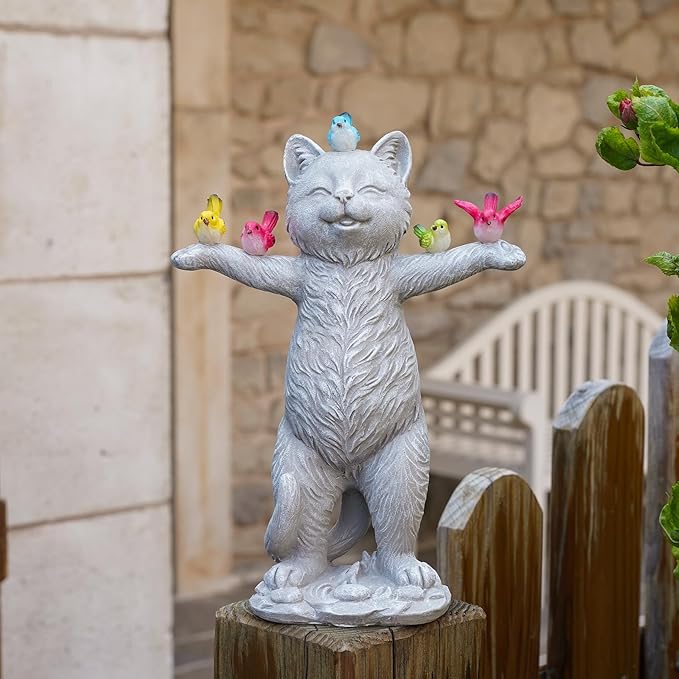 MININOVA Solar Outdoor Decorations Garden Statue Cat Figurines with Birds for Yard Patio Balcony Lawn Outside Ornaments Gifts for Women Mother Kids-VerdiqueGarden