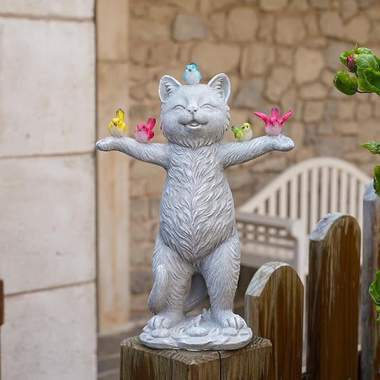 MININOVA Solar Outdoor Decorations Garden Statue Cat Figurines with Birds for Yard Patio Balcony Lawn Outside Ornaments Gifts for Women Mother Kids-VerdiqueGarden