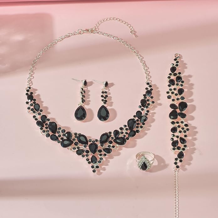 Crystal Bridal Wedding Jewelry Sets for Women Rhinestone Teardrop Crystal Statement Choker Necklace Drop Earrings Link Bracelets Rings Teardrop Jewelry Set for Brides Bridesmaids