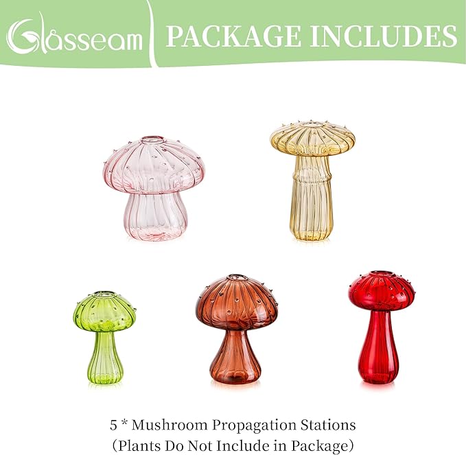Glasseam Mushroom Glass Planter, Set of 5 Colored Plant Propagation Station, Mini Terrarium for Plants, Unique Small Glass Vase for Flowers, Cute Hydroponic Indoor Planters Gifts for Women Room Decor-VerdiqueGarden