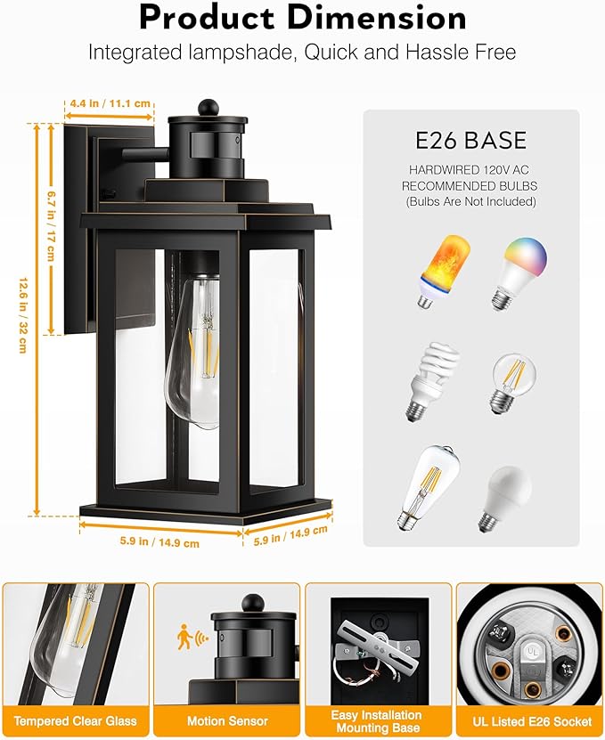 VIANIS 2 Packs Motion Sensor Outdoor Lights for House, Dusk to Dawn Front Porch Light, Black Gold Outdoor Light Fixture Sconce with Tempered Glass for House, Doorway, Entryway,Hardwired, Non-Solar-VerdiqueGarden