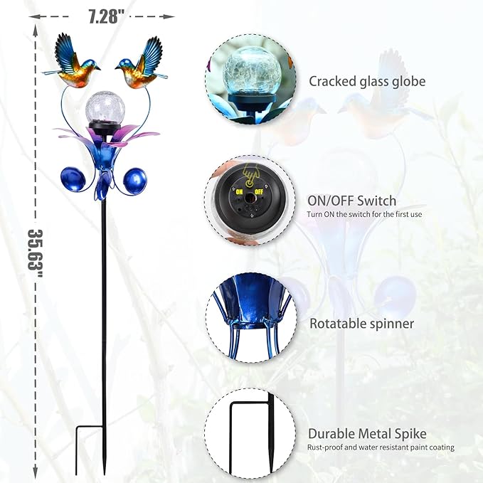 VCUTEKA Solar Lights Outdoor Metal Garden Stake Waterproof Crackle Glass Globe Garden Decor Blue Jay Bird for Pathway, Lawn, Patio, Yard-VerdiqueGarden