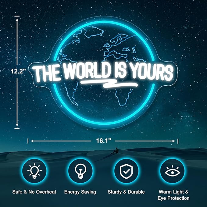 The World Is Yours Neon Sign, Carved Planet The World Is Yours LED Neon Light Signs for Wall Decor, Light Up Signs for Man Cave Game Room Bedroom Birthday Gift-VerdiqueGarden