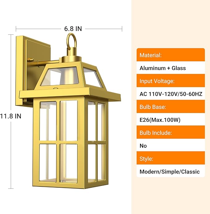 WIHTU Outdoor Wall Lantern, Porch Lights with Glass Shade, Waterproof Sconce Light, Aluminum Exterior Lighting Fixture, Anti-Rust Front Door Outdoor Lights for House, Gold-VerdiqueGarden