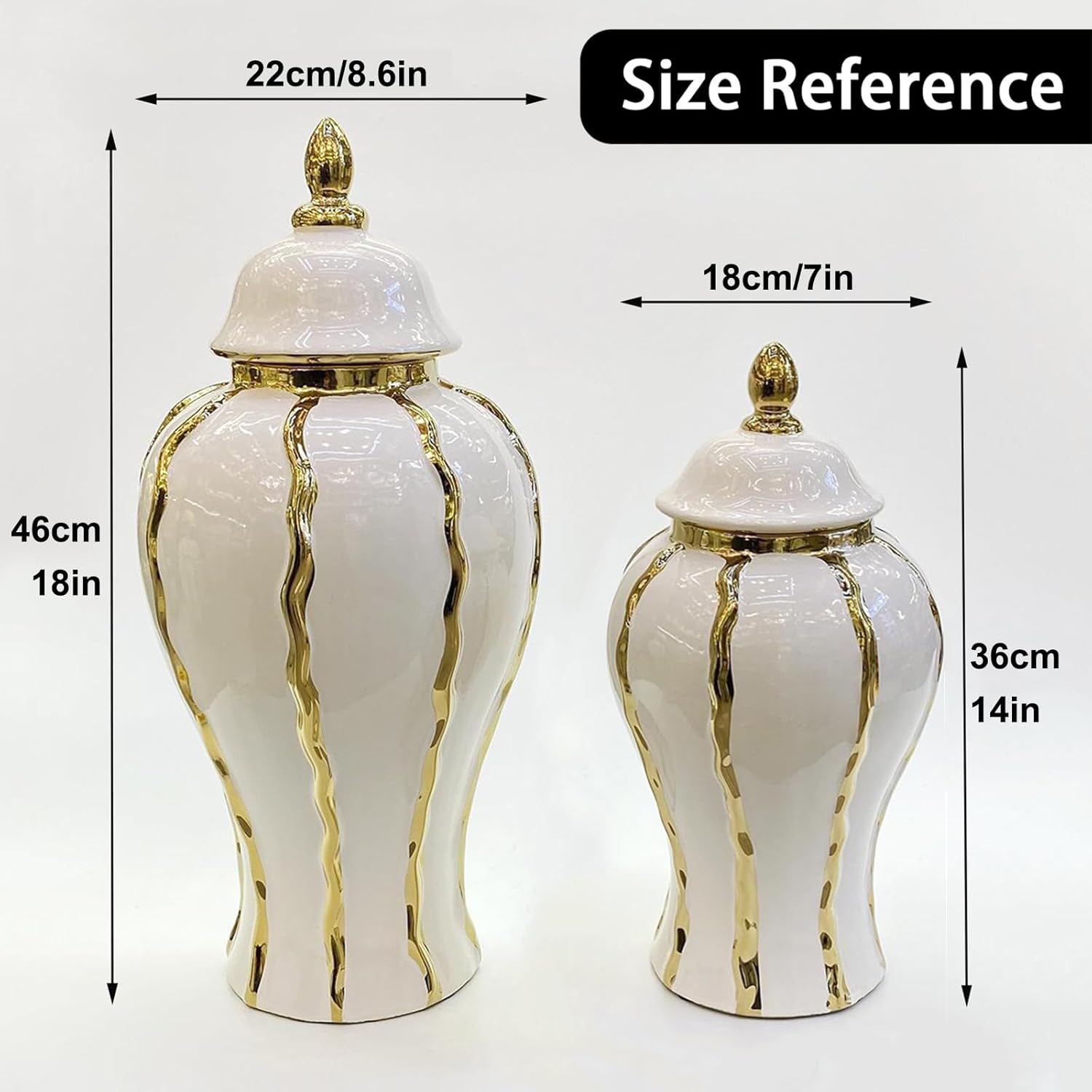 Ginger Jar, White Gold Ceramic Vase Large Handmade Porcelain Vases with Lid, White Gold Decorative Flower Vase for Home, Living Room, Weddings, Centerpieces (14in with Lid)-VerdiqueGarden