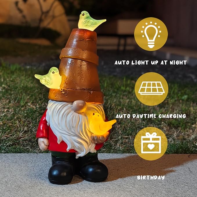 Solar Garden Figurine, Cute Resin Gnome Sculpture, Garden Statues Outdoor Decor, Funny Gnome Gift Sculpture Decoration for Home Patio Yard Lawn Porch Ornament-VerdiqueGarden