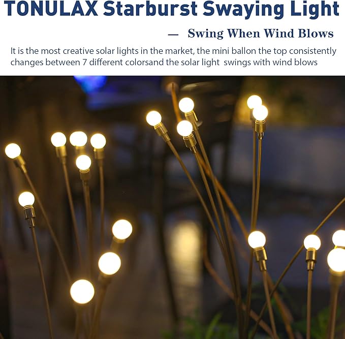 TONULAX Solar Garden Lights - Upgraded Solar Swaying Light, Sway by Wind, Outdoor Lights, Yard Patio Pathway Decoration, High Flexibility Iron Wire & Heavy Bulb Base, Warm White(8 Pack)-VerdiqueGarden