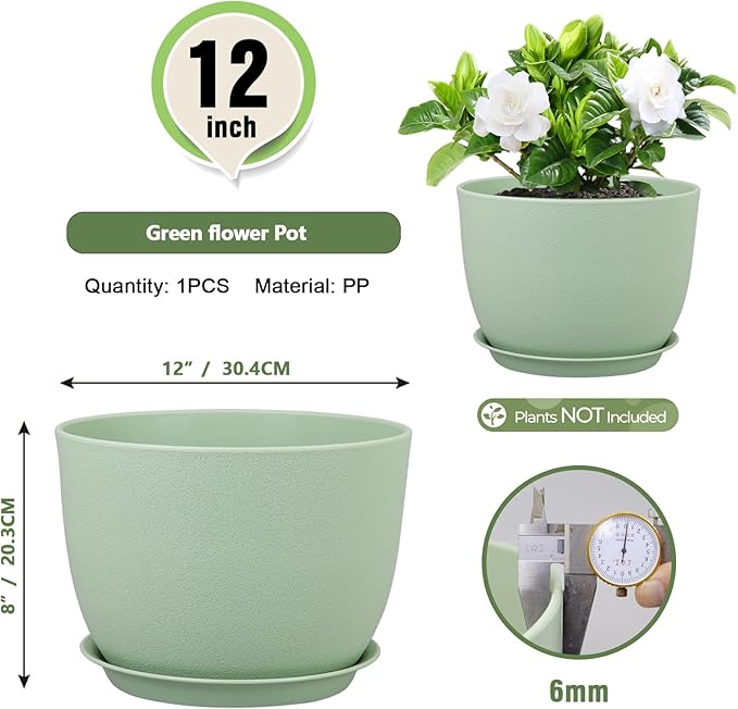 12 inch Big Plant Pots, Plastic Planters with Drainage Holes and Trays, Flower Pots for Indoor Outdoor Plants, Modern Decorative Pots for Garden House Plants, Green-VerdiqueGarden