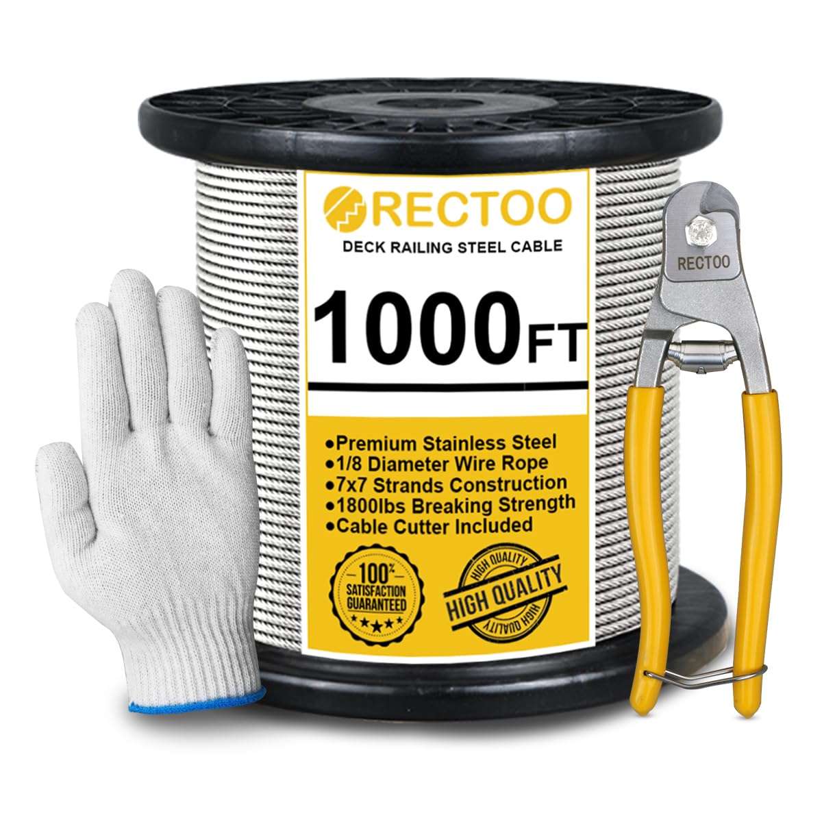 1000FT 1/8" T316 Stainless Steel Cable with Cutter, 7x7 Strands Aircraft Wire Rope for Deck Railing, Stair Handrail, Porch Fence, High Strength for Indoor and Outdoor Use-VerdiqueGarden
