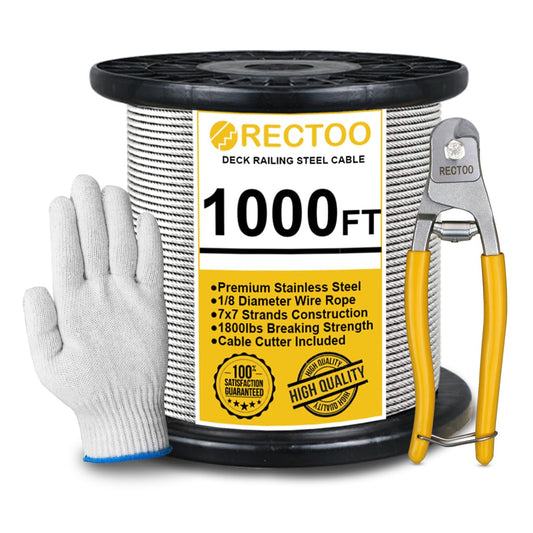 1000FT 1/8" T316 Stainless Steel Cable with Cutter, 7x7 Strands Aircraft Wire Rope for Deck Railing, Stair Handrail, Porch Fence, High Strength for Indoor and Outdoor Use-VerdiqueGarden