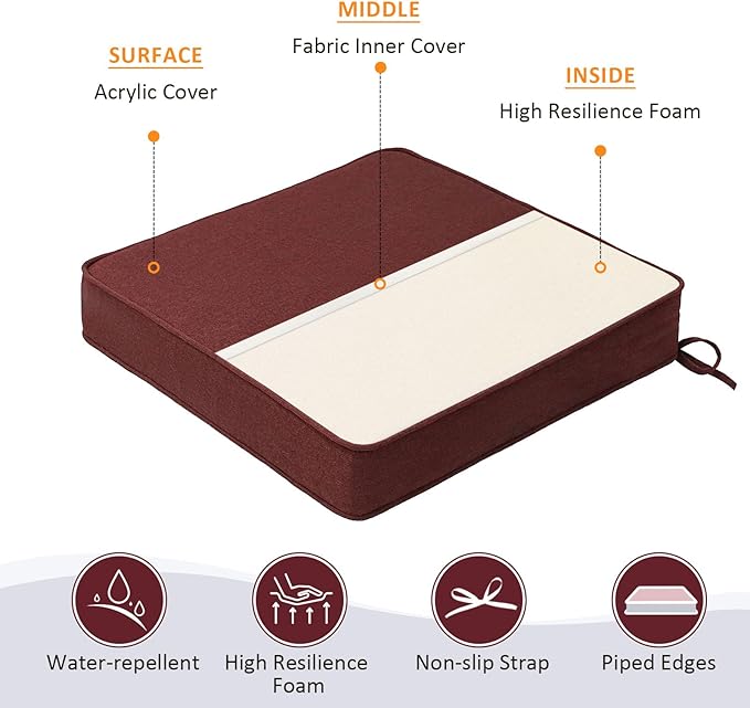 Sunbrella Square Corner Seat Cushions, 18.5" x 16" x 3", Set of 4, Indoor Outdoor Water Repellent Universal Chair Pads with Ties for Patio Furniture, Garden Dining Chairs, Spectrum Brick-VerdiqueGarden