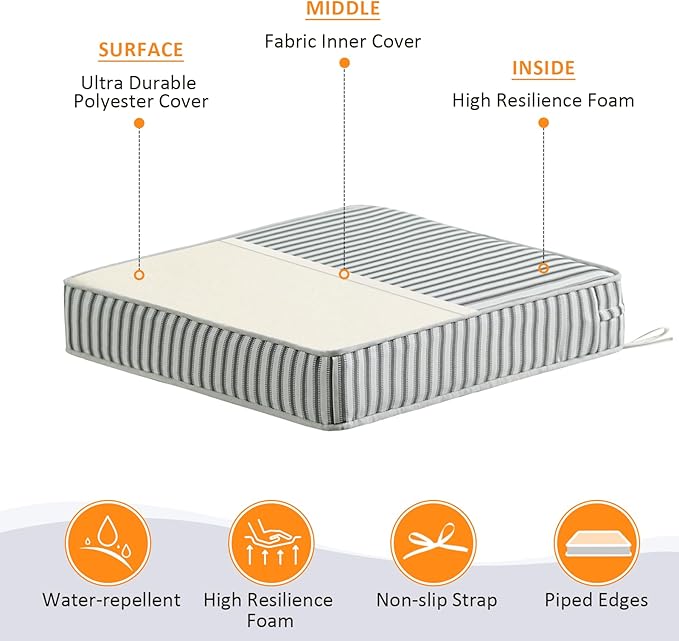 Square Corner Seat Cushions, 19" x 19" x 3", Set of 4, Indoor Outdoor Water Repellent Universal Chair Pads with Ties for Patio Furniture, Garden Deck Dining Chairs, Black and White-VerdiqueGarden