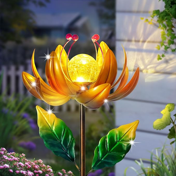 Solar Lights Wind Spinners for Yard and Garden - Metal Lotus Flower Windmills LED Crackle Glass Globe Outdoor Garden Decor Yard Art Lawn Ornament-VerdiqueGarden