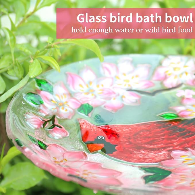 VCUTEKA Bird Baths for Outdoors, Glass Bird Bath with Metal Standing for Garden, Yards Patio Décor, Bird Lovers Gift, Cardinal Glass Birdbath Detachable (22" H * 18" W)-VerdiqueGarden