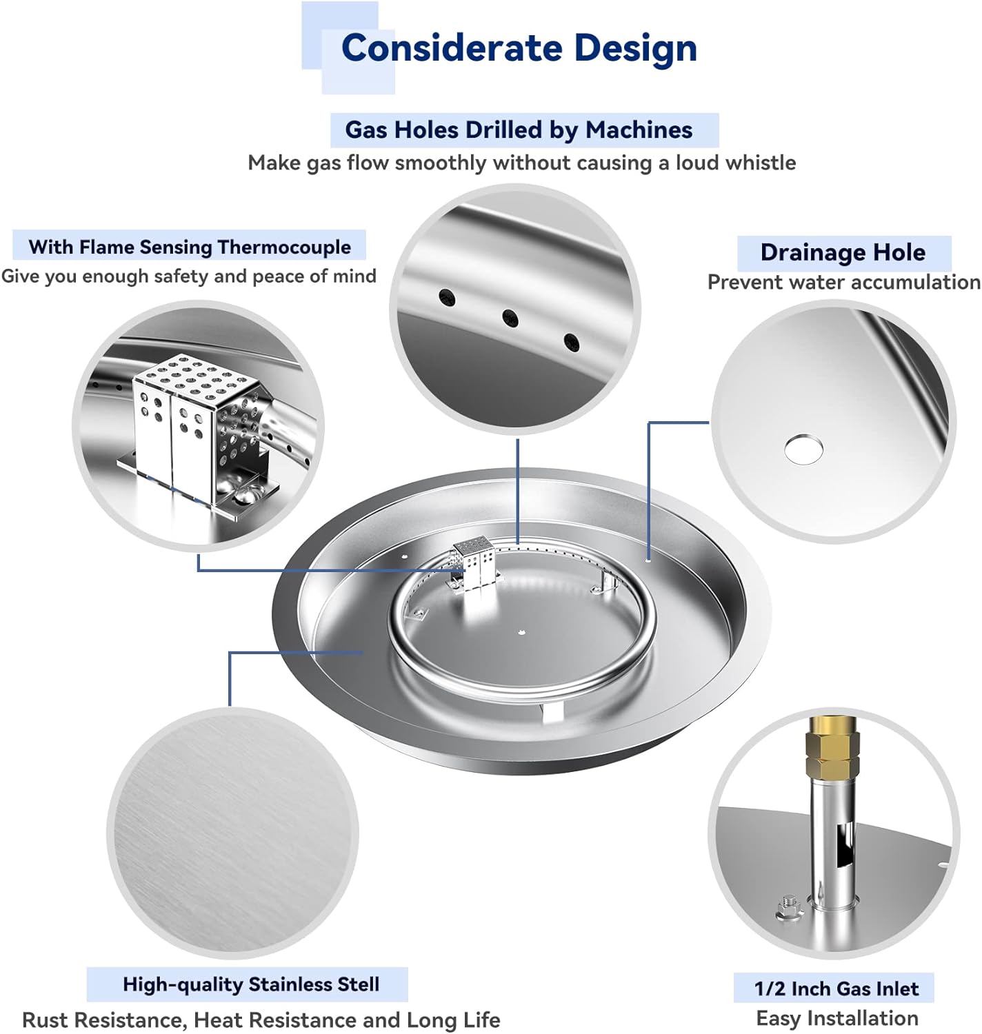 Skyflame 19" Round Stainless Steel Fire Pit Drop-in Burner Kit with CSA Certified, Flame Sensing, Electronic Spark Ignition, Propane Regulator Connector Hose Set for Propane Tank-VerdiqueGarden