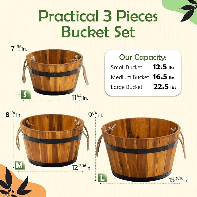 IDZO Set of 3 Wooden Flower Boxes Outdoor, Durable Acacia Wood Barrel Planters for Outdoor Plants with Ergonomic Handles, Drainage Holes, Multiple Sizes Wood Bucket Planter for Home Décor-VerdiqueGarden