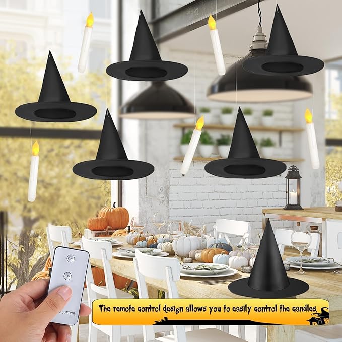 80 Pcs Halloween Hanging Witch Hats and Taper Floating Candles Set Includes 12 Witch Hats 12 LED Floating Candles Lights 56 3D Bats Wall Stickers for Halloween Decoration Front Porch Yard Decor-VerdiqueGarden