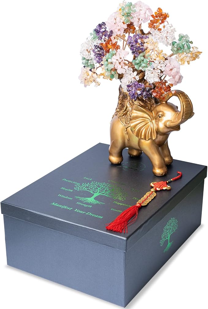 7 Chakra Crystal Money Tree on Gold Elephant Statue, 17”Large Gemstone Bonsai Tree of Life Home Décor Gifts for Wealth Positive Energy, Feng Shui Décor-VerdiqueGarden