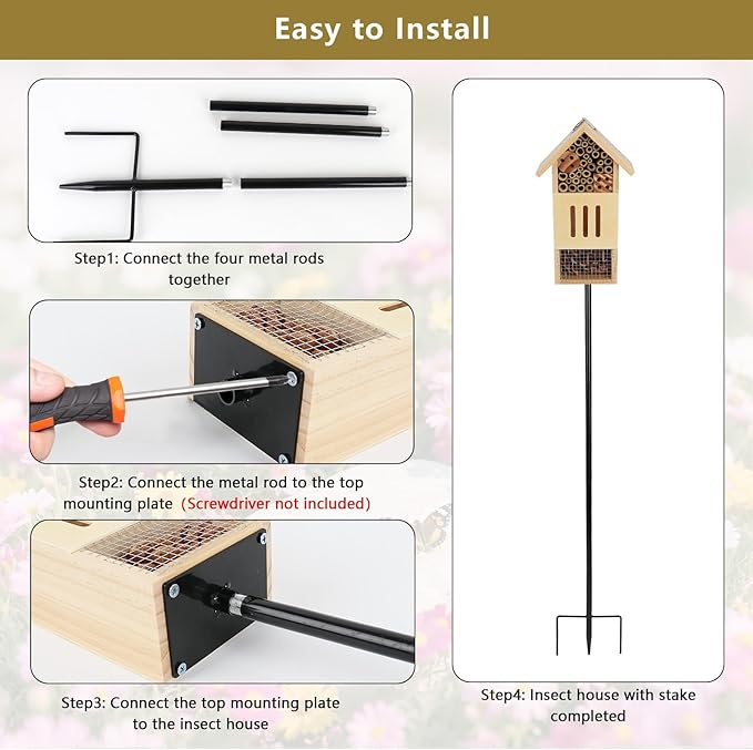 Wooden Insect House, Bee House with Metal Stake for Gardens, Insect Hotel & Butterfly Hotel on The Ground or Hanging on Tree Wall, Natural Insect Habitat for Bee, Butterfly, Ladybirds, Bugs-VerdiqueGarden