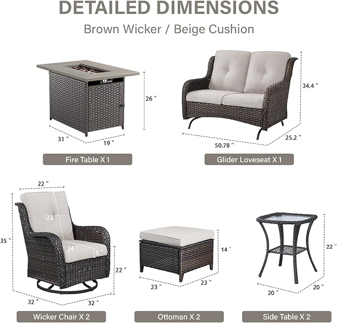 8 Piece Outdoor Patio Furniture Set - 41" CSA Propane Fire Pit Table Patio Conversation Set with Swivel Rocker Outdoor Chairs, Wicker loveseat and Ottoman for Outside Casual Gathering-VerdiqueGarden