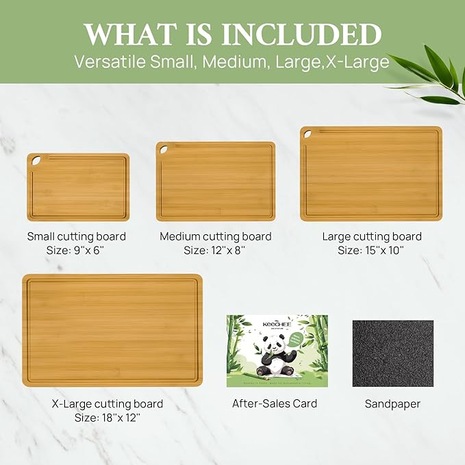 4-Pcs Natural Wood Cutting Board Set Kitchen Tools with Juice Groove, Wooden Chopping Board for Meat, Fruit, Vegetables & Cheese (Pre Oiled, Natural)-VerdiqueGarden