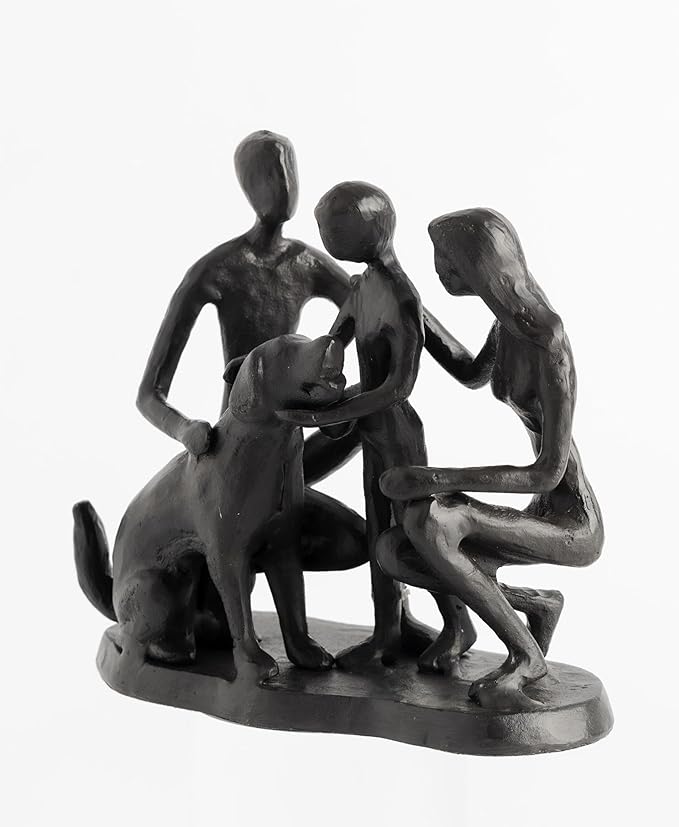 Family and Dog Statues, Cast Iron Family of 3 Figurine, Gift for Dog Lovers,Dog Memorial Gift, Black-VerdiqueGarden