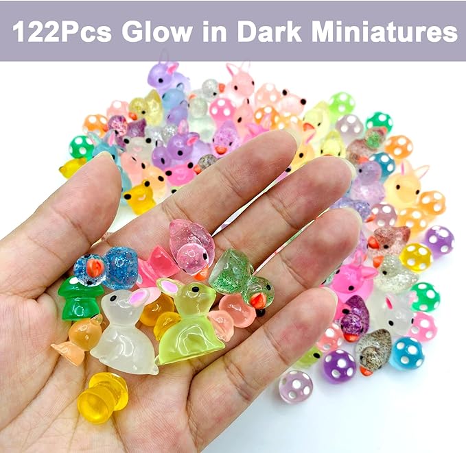 122Pcs Luminous Mini Resin Animal Figurines Glow in The Dark Cute Rabbits Frogs Mushrooms Glitter Ducks 4 Combination Miniature Figurines Set for Office Garden Decoration Aquarium Home Party Decor-VerdiqueGarden