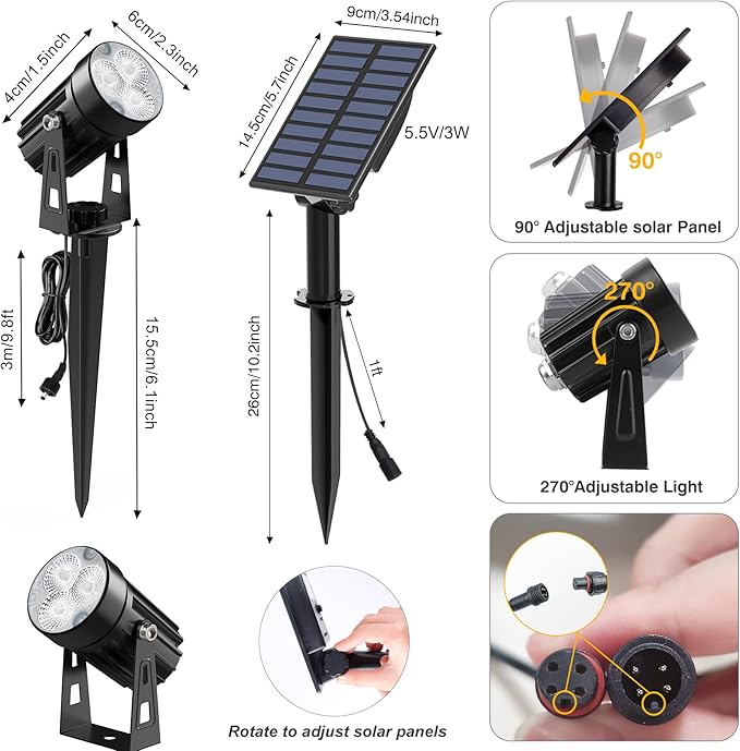 Solar Spot Lights Outdoor, Solar Landscape Spotlights IP65 Waterproof 9.8ft Cable, Auto On/Off Outdoor Wall Lights for Garden Yard Driveway Porch Walkway Pool (1-in-1 6000K Cold White 4 Pack)-VerdiqueGarden