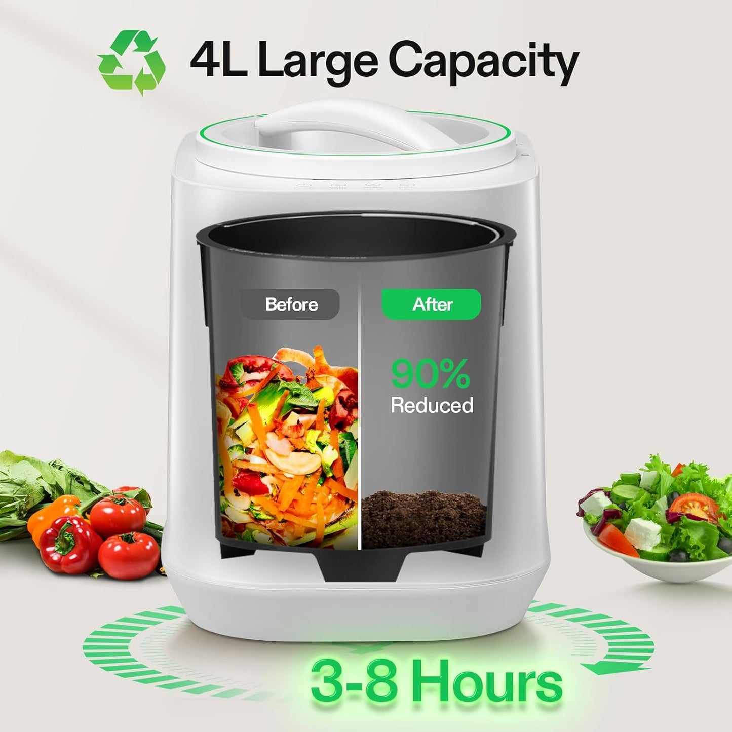 VIVOSUN 4L Electric Composter for Kitchen Indoor, Smart Compost Machine for Countertop, Odorless/Auto-Cleaning/3 Modes/Intelligent LED Display, Mill Composter Kitchen Bin Food Recycler, White-VerdiqueGarden