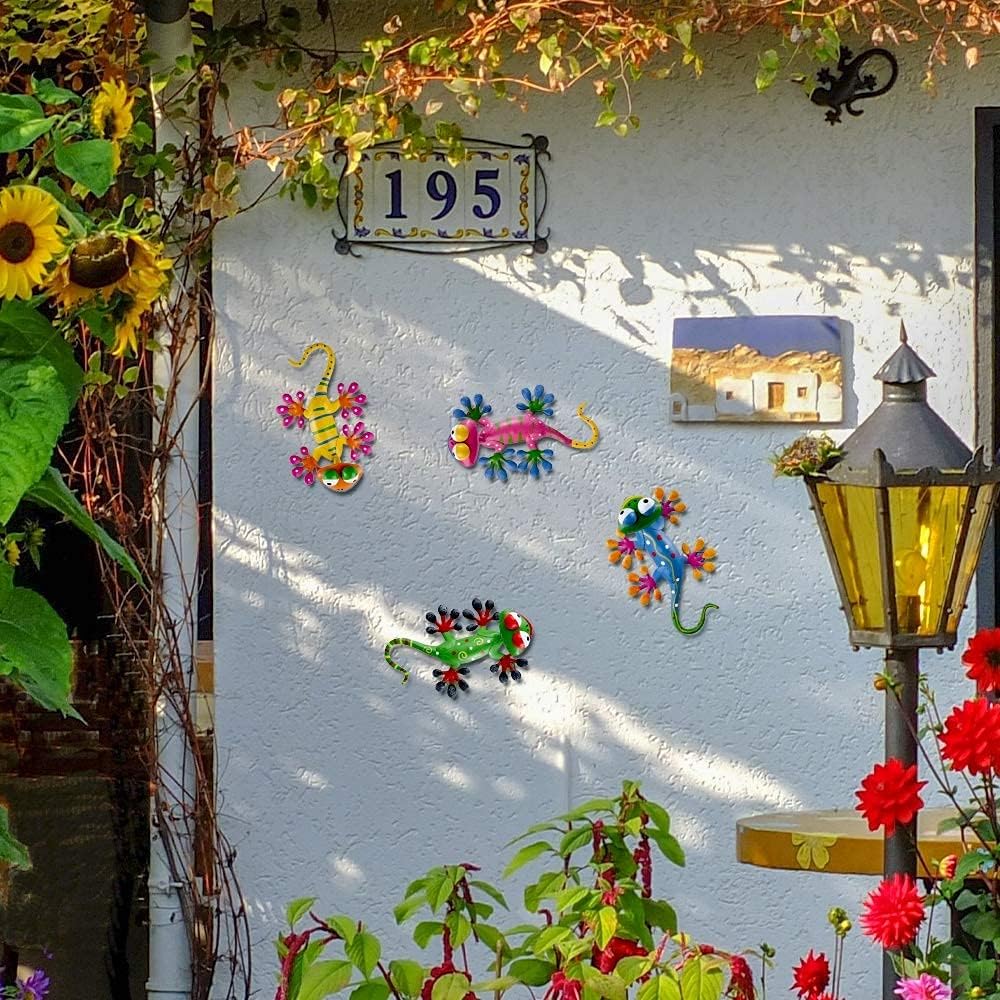 hogardeck Metal Gecko Outdoor Wall Decor, 4 Pack Lizard Art Garden Sculptures & Statues with Shaking Head Spring Decor for Front Yard Fence Patio-VerdiqueGarden