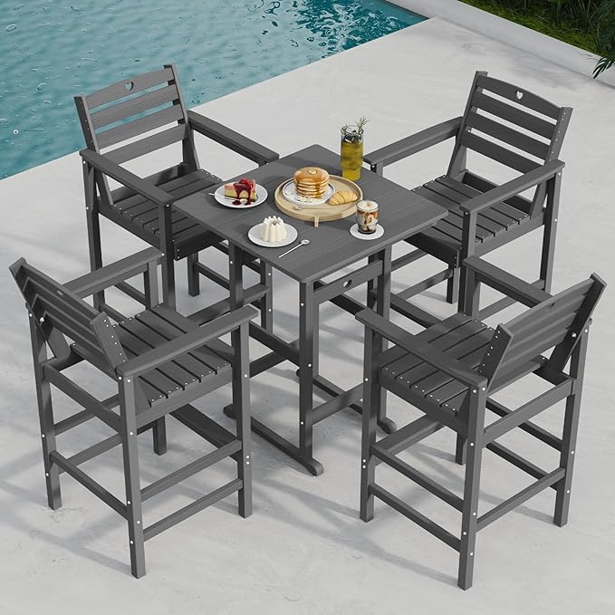 5-Piece Bar Height Outdoor Table and Chairs Set, HDPE Wood Grain Patio Bar Table and Chairs with Heart Cutout Design, Weather-Resistant Bar Height Furniture for Deck, Porch, Pool (Grey)-VerdiqueGarden