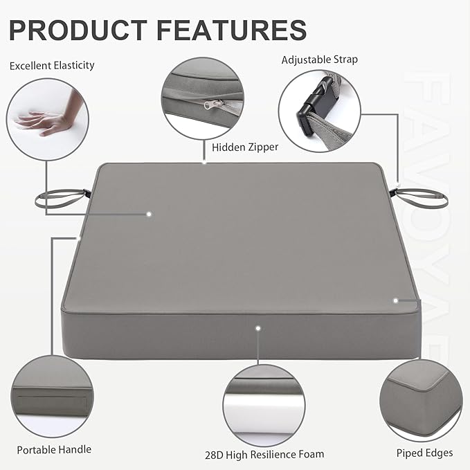 Favoyard Patio Chair Cushions 18.5 x 16 x 3 Inch Waterproof Outdoor Seat Cushions for Patio Furniture 3-Year Color Fastness Garden Sofa Couch Chair Pads with Handle & Adjustable Straps Set of 2, Grey-VerdiqueGarden