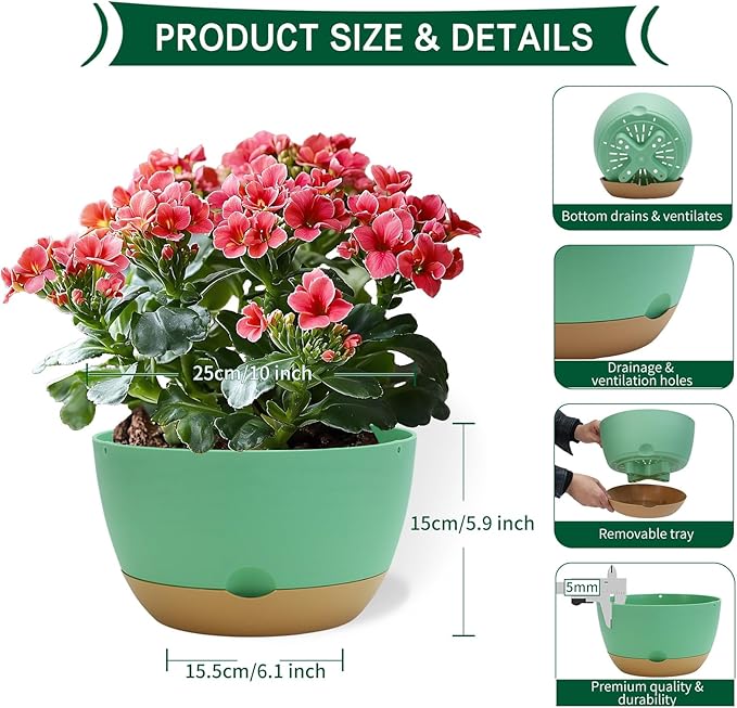 10 Inch Pots for Indoor Plants, Large Self Watering Planters with Drainage and Saucers, Plastic Outdoor Flower Pot, Set of 2, Green-VerdiqueGarden