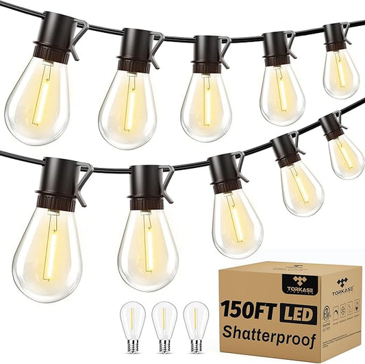 150FT Outdoor String Lights LED, 45+3 S14 Bulbs Shatterproof, IP54 Waterproof Dimmable for Large Outdoor Events, Resorts, Hotel Lighting - Commercial Grade Connectable-VerdiqueGarden