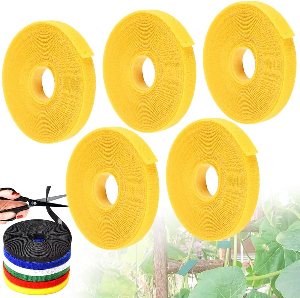 Reusable Plant Ties Tape for Climbing Plants, Garden Ties Tomato Plant Supports, Adjustable Garden Twine & Twist Ties Plant Ties for Outdoor Indoor Plants Stakes Gardening Supplies (Yellow, 5 Rolls)-VerdiqueGarden