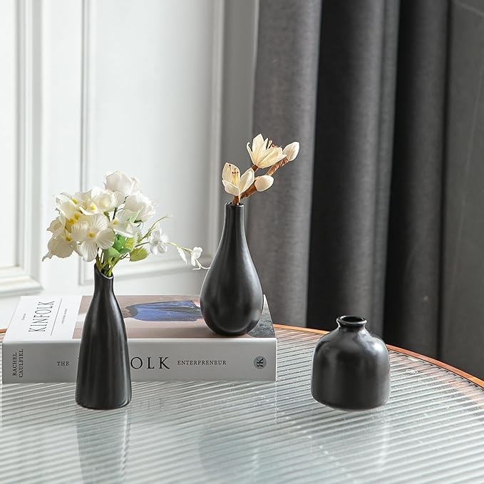 JOJUNO Black Bud Vases, Small Ceramic Vase Set of 11, Mini Pottery Vases for Flowers, Decorative Pieces for Home Modern Decor, Boho Decor, Chic Accents for Living Room Dining Table Shelves-VerdiqueGarden