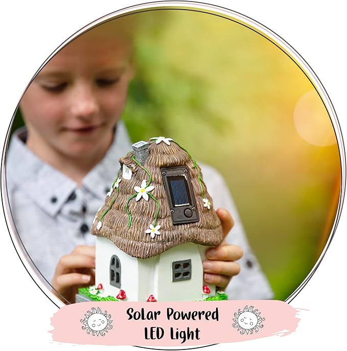 WILD PIXY Fairy Garden House - Glow in The Dark Fairy Cottage with Opening Door and Solar LED Light, Beautiful Miniature Garden Decoration for Indoor or Outdoor Fairy Gardens - 7.1" Fairy House-VerdiqueGarden