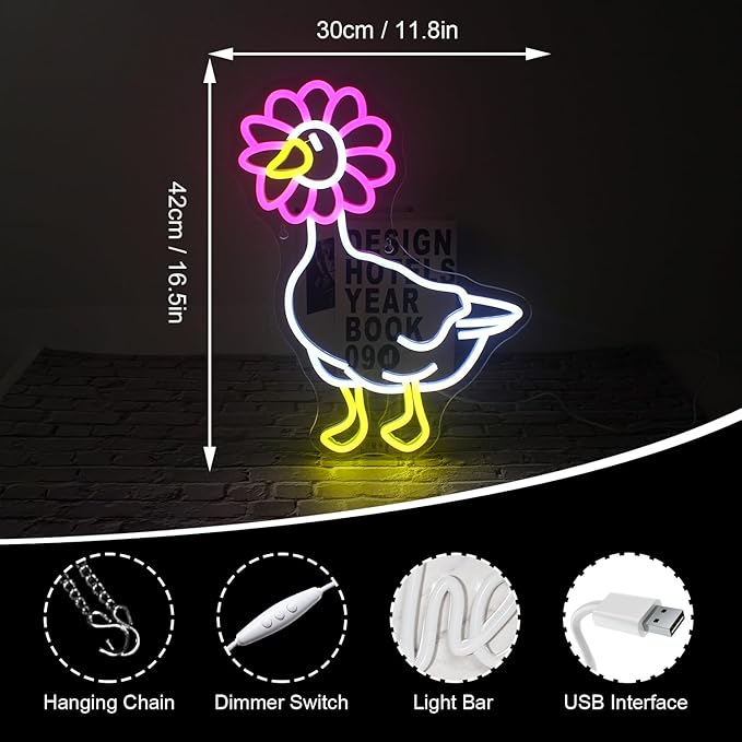 Duck Neon Sign Pink Daisy Duck Neon Signs for Wall Decor,USB Connectivity Dimmable Flower Duck Neon Light Signs for Bedroom Living Room Kids Room Apartment Home Bar Birthday Party-VerdiqueGarden