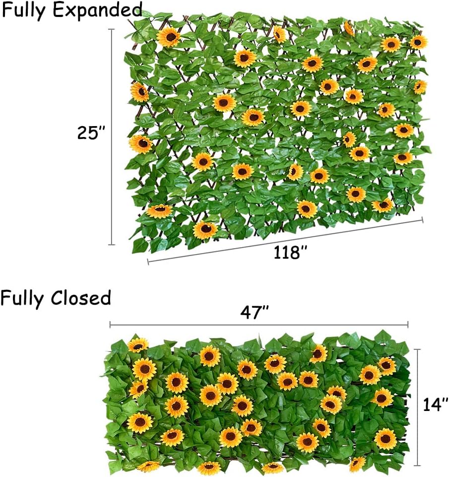Expandable Fence Privacy Screen for Balcony Patio Outdoor,Decorative Faux Ivy Fencing Panel,Artificial Hedges (Single Sided Leaves) (2, Sunflowers)-VerdiqueGarden