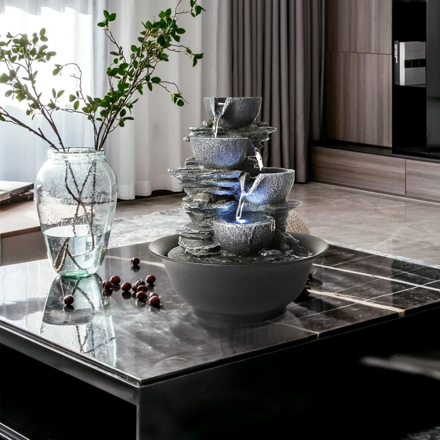 WICHEMI Indoor Water Fountain Tabletop Fountains Waterfall Fountain Indoor Water Feature Feng Shui Zen Meditation Cascading Desktop Fountains with LED Light for Home Office Indoor Decor (Style 15)-VerdiqueGarden