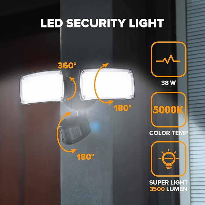 LUTEC 38W 3500 Lumen LED Motion Activated Integrated Dual-Head Floodlight Outdoor with Motion Sensor, 5000K Daylight, Dusk to Dawn, Exterior Security Wall Light for Patio, Garden, Yard(Black)-VerdiqueGarden