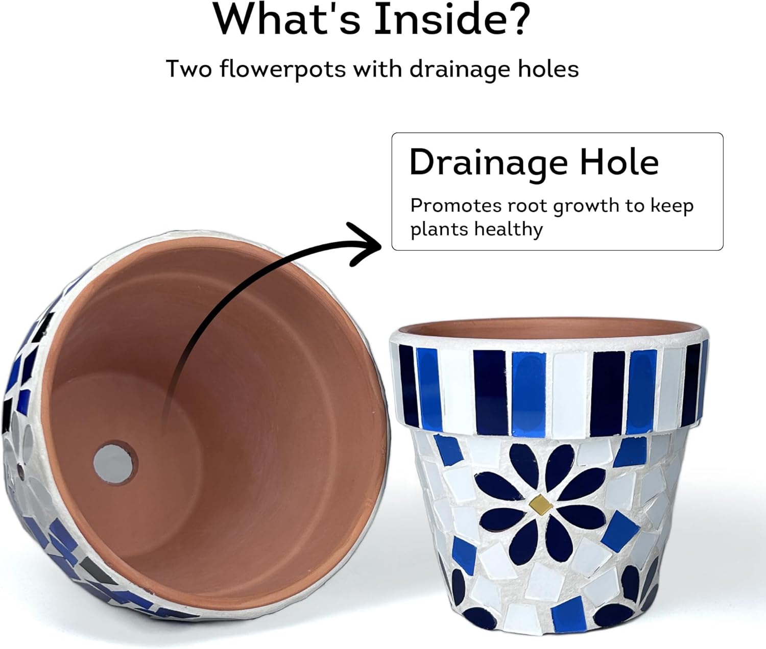 Lily's Home Set of 2 Flowerpots with Mosaic Pattern. Decorative Plant Pots with Drainage Holes for Indoor Outdoor, Perfect for Snake Plants, Succulents,Terracotta. Pots are 4 9⁄10 & 4 ¼ inch Height.-VerdiqueGarden