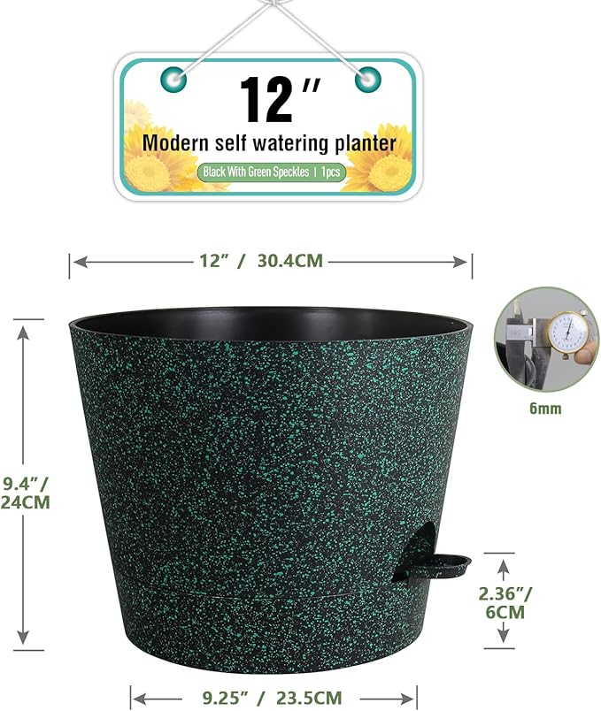 12 inch Large Self Watering Pots for Indoor Outdoor Plants, Flower Plant Pots with Mesh Drainage Holes for Garden, Plastic Planters with Reservoir for Home Plants, Black with Green Speckles-VerdiqueGarden